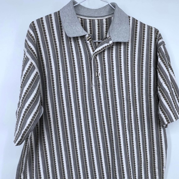 Vintage 90s Geometric Aztec Striped Polo Shirt Gray White Brown Vtg LARGE - Picture 2 of 5